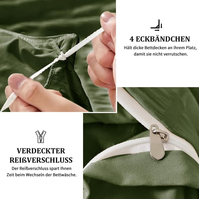 Detalle de Freyamy Seersucker Bettwäsche 135x200 cm (2-teilig) Olivengrün, geprägt Streifen, mit Reißverschluss