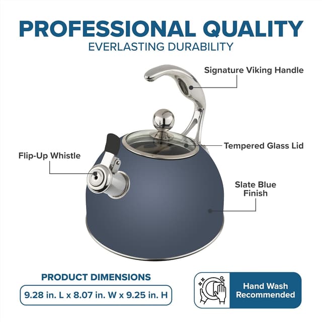 Detalle de Viking 3-Ply Stainless Steel Tea Kettle (2.6 Quart) with Tempered Glass Lid, Induction Ready — Slate and Blue