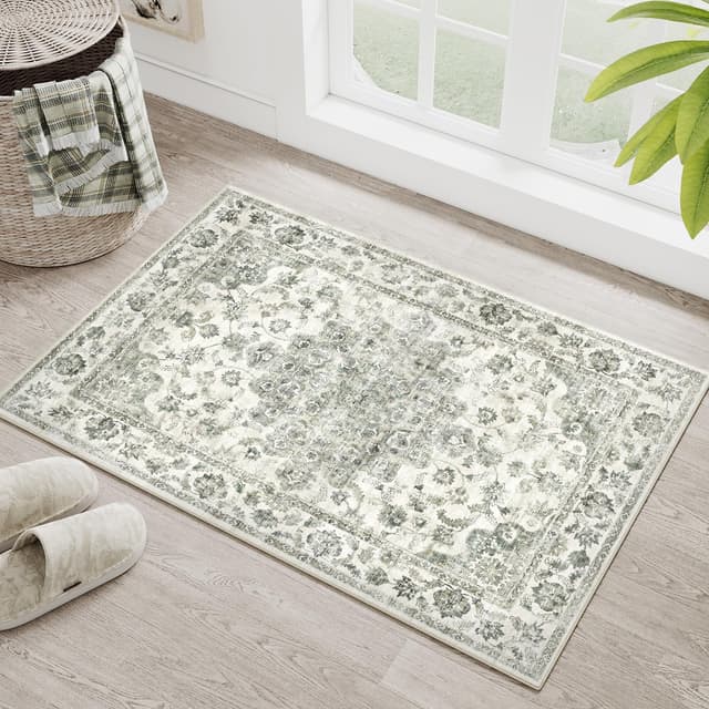 Detalle de HUGEAR Vintage grüner waschbarer Kurzflor-Teppich für Eingangsbereich & Bad, 60x90 cm