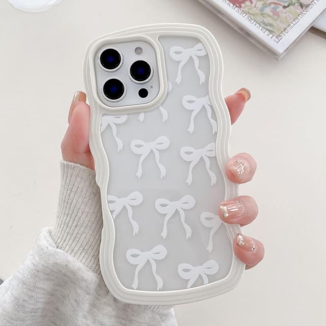 Detalle de QLTYPRI Schleife Hülle für iPhone 15 Pro Max (6,7"), klares Silikon-Bumper Case mit Locken-Schleife – Weiß