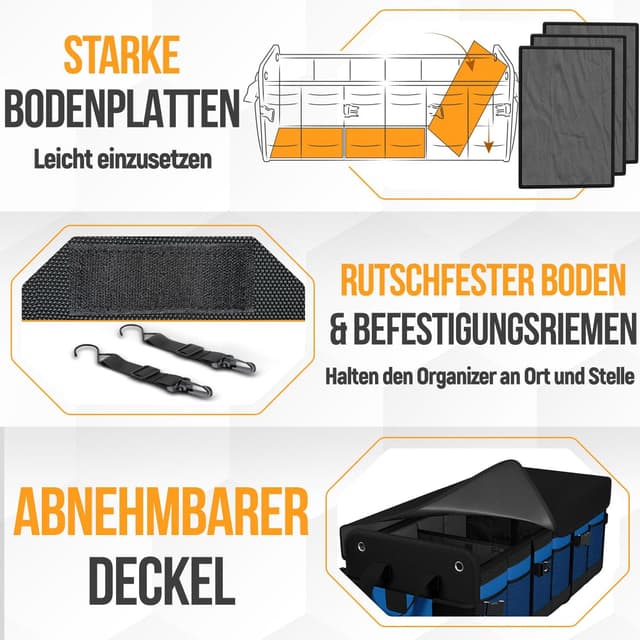Detalle de FORTEM Kofferraum Organizer (blau, extragroß) – zusammenklappbare Kofferraumtasche mit Fächern