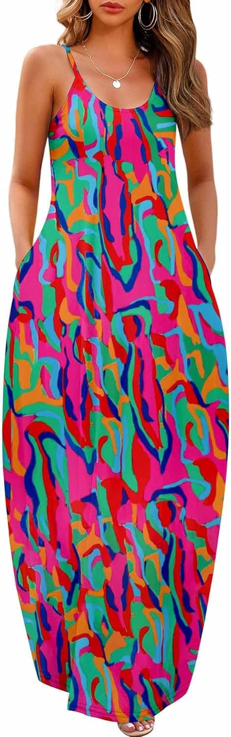 Detalle de Wolddress Women’s Maxi Dress with Pockets (2026) – Adjustable Spaghetti Strap Plus Size
