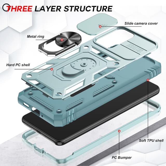 Detalle de LeYi Military-Grade Case for Samsung Galaxy A33 5G (G-Green) with Slide Camera Cover, Ring Stand & Tempered Glass