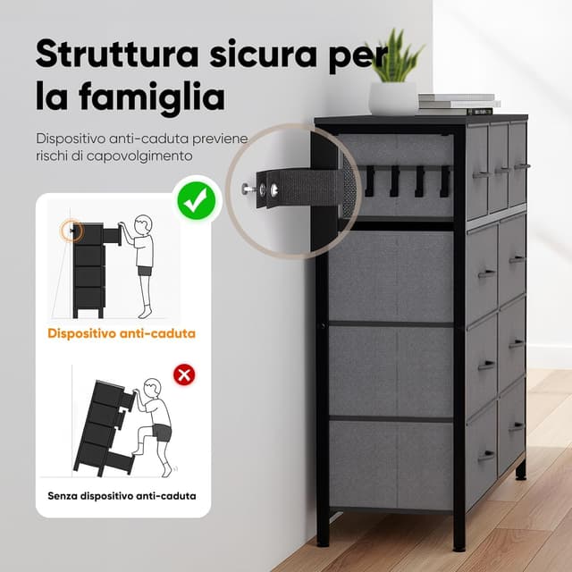 Detalle de HOKEEPER cassettiera stretta in tessuto con 9 cassetti e piano in legno/MDF (grigio)