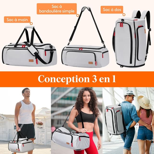 Detalle de Sac de sport Lifewit 40L avec compartiment chaussures et 3 modes de port (gris argenté) – 55 x 36 x 20 cm