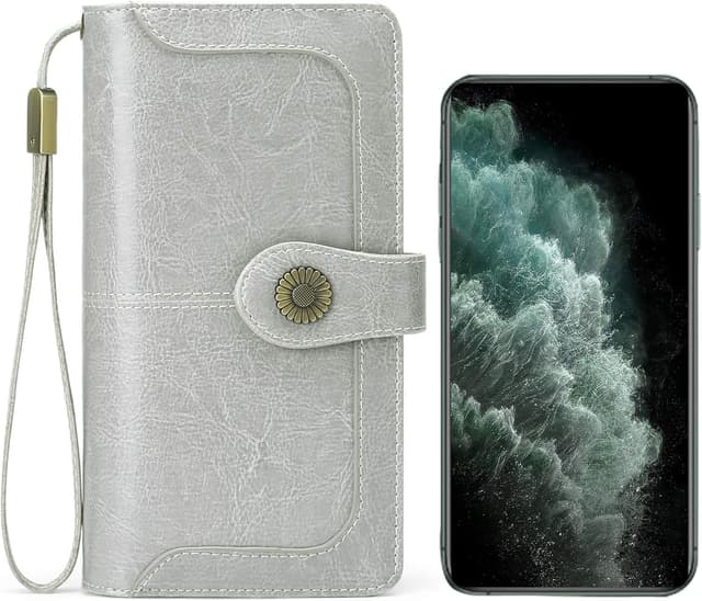 Detalle 2 de SENDEFN Damen-Geldbörse aus Leder mit RFID-Schutz, große Kapazität und Tragearmband