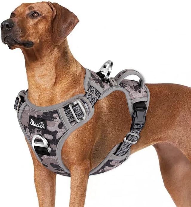 Detalle de Eyein No Pull Dog Harness Large (Camo Grey) – front clip control, padded handle & reflective straps
