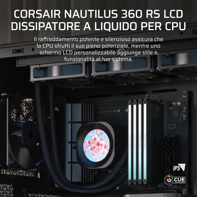 Detalle de Corsair NAUTILUS 360 RS LCD: dissipatore a liquido AIO da 360 mm con schermo LCD IPS da 2,1