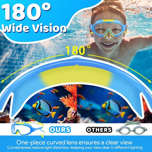 Detalle 2 de Vvinca Kids Swimming Goggles (2 Pack) with Built-in Earplugs, Nose Clip & Anti-Fog UV Protection for Ages 3–15