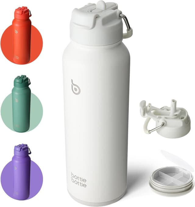Detalle de BOTTLE BOTTLE Isolierte Wasserflasche mit Strohhalm und Pillendosierung – Outdoor-Sportflasche 1 l (weiß)