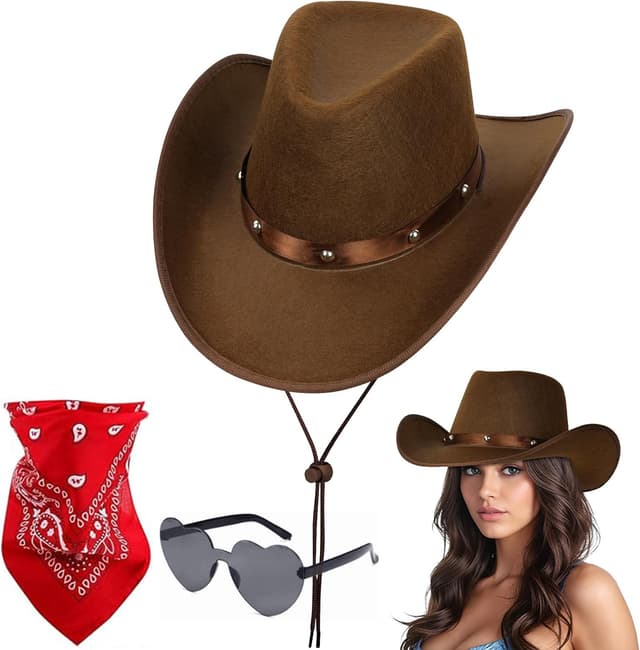 Detalle de Aomig 3-piece cowboy hat fancy dress set with paisley bandanna and heart sunglasses