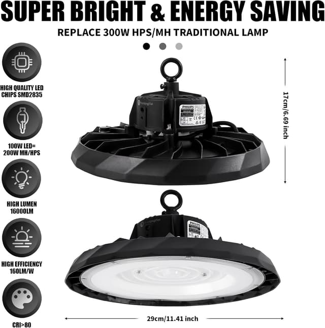 Detalle 2 de Lampe UFO LED 100 W YUANKANGMEI IP65, boîtier en aluminium pour garages, ateliers et commerces extérieurs