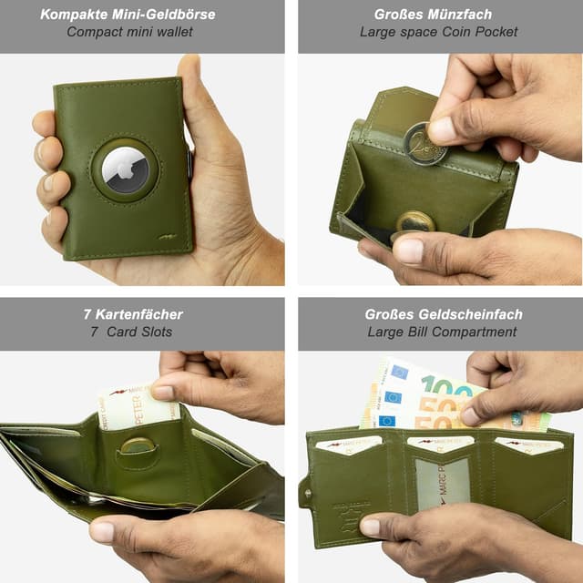 Detalle 1 de Marc Peter Jupiter Airtag Echtleder Geldbörse mit XL-Münzfach – kleines AirTag-Portemonnaie für Herren in Grün