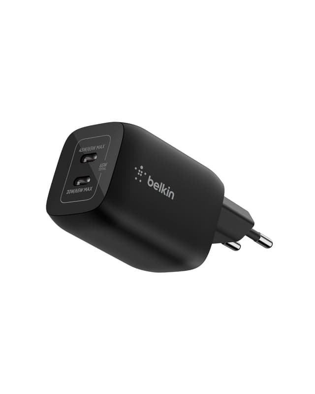 Detalle de Belkin Gaming USB-C Ladegerät mit 2 Anschlüssen (65 W, GaN) für Nintendo Switch 2, iPhone & mehr – Schwarz