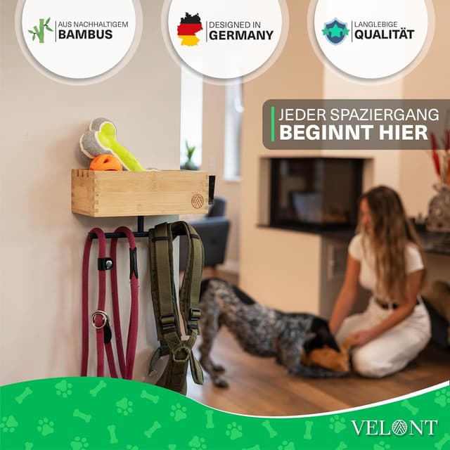 Detalle de VELONT Hundegarderobe mit Ablage personalisiert (Größe XL) – Dogstation für Leinen & Zubehör inkl. Kotbeutelspender und Montagekit