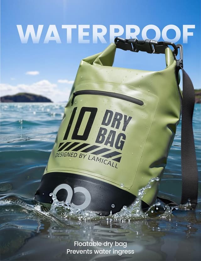 Detalle de Lamicall Dry Bag Waterproof Bag (30L) with 100% waterproof phone pouch – floatable anti-scratch dry backpack in green