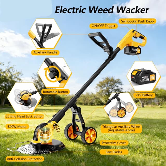 Detalle de 12" Cordless Strimmer with 21V Brushless Motor, 2×3.0Ah Batteries and Charger (4-in-1, Detachable Wheels)