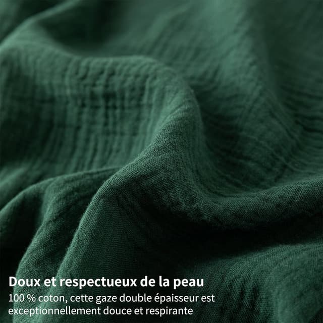 Detalle 2 de YASMENG Drap-housse 180x200 en gaze de coton certifié Oeko-Tex, vert foncé, bonnet 30 cm