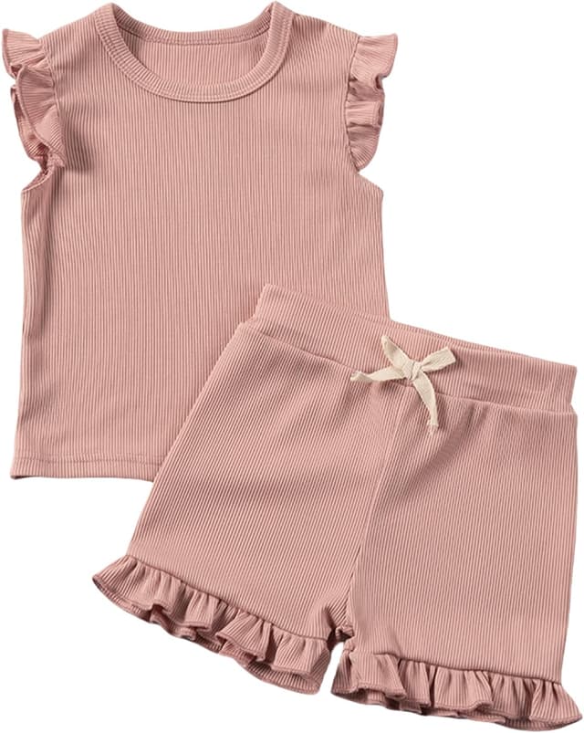 Detalle de KISLOVE girls’ ribbed ruffle T-shirt and shorts set (summer 2-piece)
