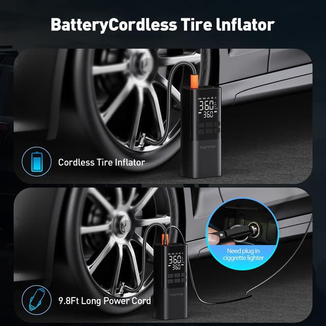 Detalle de Teffim Portable Tire Inflator Air Compressor with Pressure Gauge, LED Light, and 5 Modes