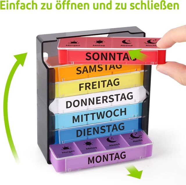 Detalle de Opret 7-Tage Tablettenbox mit 4 Fächern (morgens, mittags, abends, nachts) – schiebbares Design