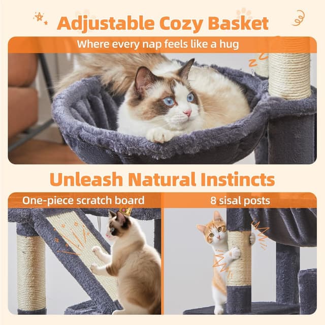 Detalle 2 de Taoqimiao 180cm Cat Tree (MS026LG) with 8 Sisal Scratching Posts, Hammock & 2 Top Perches