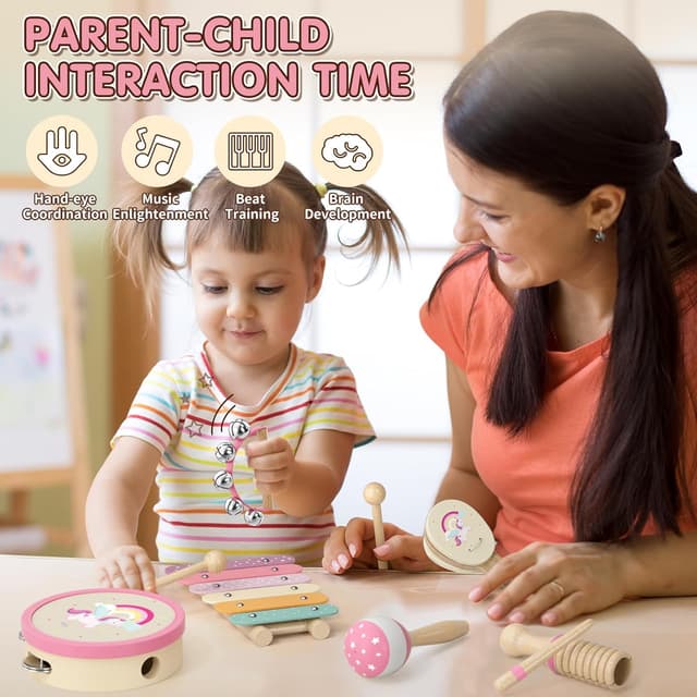 Detalle de Lehoo Castle Kids toddler wooden musical instruments set (18M+) – xylophone, maraca, tambourine, more