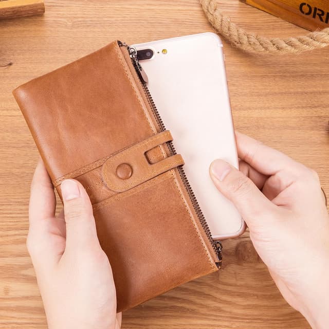 Detalle 2 de Roulens Genuine Leather women’s slim zip bifold clutch wallet with RFID blocking