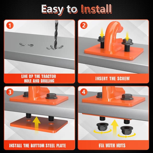 Detalle 2 de AMBULL Tractor Bucket Grab Hook (Grade 70 Forged Steel) Bolt-On Tow Hook Mount with Backer Plate — 2-Pack, Orange