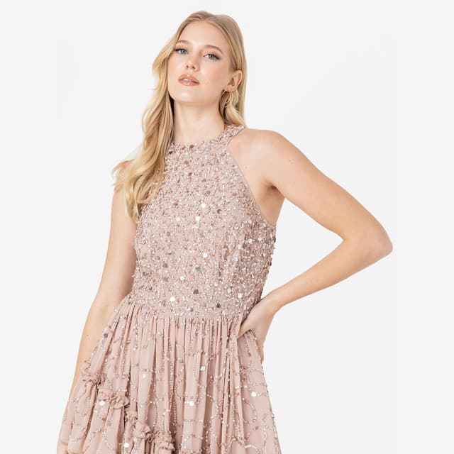 Detalle de Maya Deluxe embellished tie-back maxi dress for women in taupe blush (sleeveless ruffle evening occasion dress)