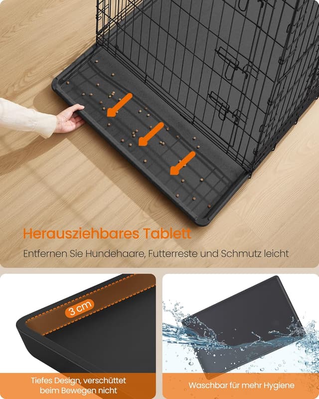 Detalle de Feandrea Hundekäfig klappbar mit 2 Türen und ausziehbarer Kunststoffschale (122 x 74 x 114 cm, XXL) PPD050B01