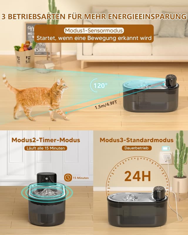 Detalle de TOMXCUTE 3 l Fontaine à eau pour chat sans fil avec détecteur de mouvement et batterie 5000 mAh (noir)