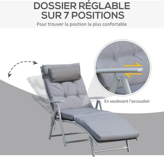 Thumbnail 3 de Outsunny Bain de Soleil Pliable 7 Positions Gris