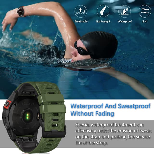 Detalle de LanQii 26mm QuickFit Silikon-Armband für Garmin (Tactix 8, Fenix 8/7/6/5, Enduro, Descent) – Grün/Schwarz