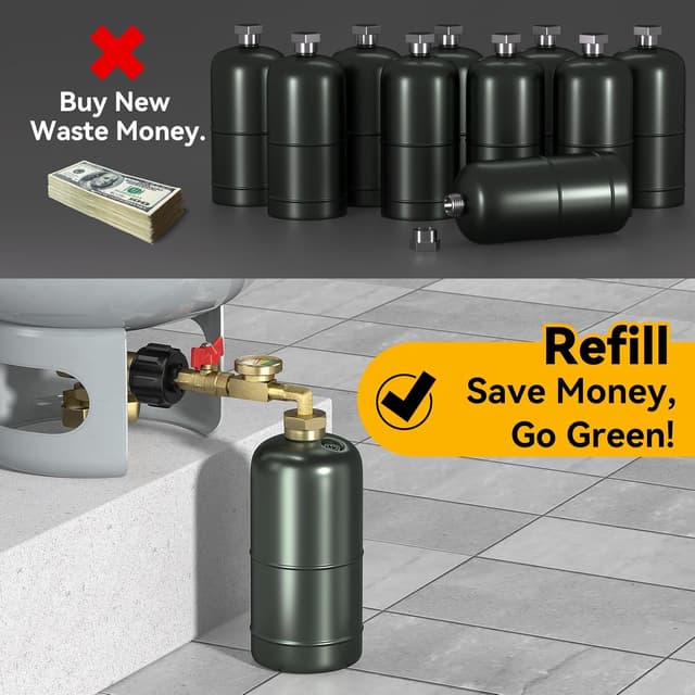 Detalle de Rushare Upgraded Propane Refill Adapter for 1 lb Tanks (90-Degree Elbow) with Valve and Gauge