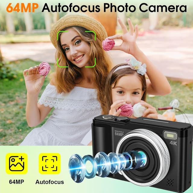 Detalle de Compact Digital Camera (4K 64MP) with Autofocus, Macro Mode & 180° Flip-Up Screen – Portable 32GB Micro SD Kit