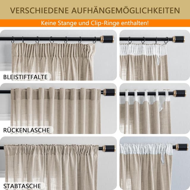Detalle de MYSKY HOME Vorhang mit Kräuselband (2er-Set) in Beige – Leinenoptik, halbtransparent für Kinderzimmer & Wohnzimmer