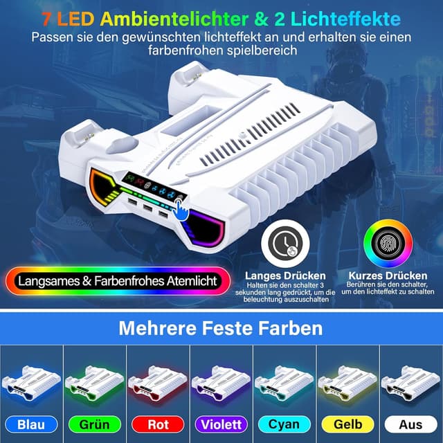 Detalle 2 de ZRZLMVP PS5 Standfuß mit Controller-Ladestation, Lüfter & 3-fach USB-Hub (RGB) für PS5 / PS5 Slim / PS5 Pro – Weiß
