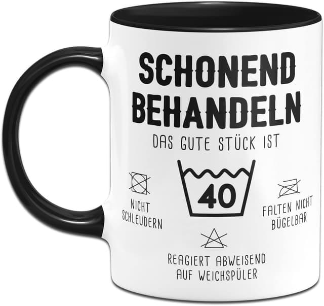Detalle 2 de Tassenbrennerei Tasse mit Spruch „Schonend behandeln … Das gute Stück ist Zahl 40“ – Kaffeetasse zum 40. Geburtstag