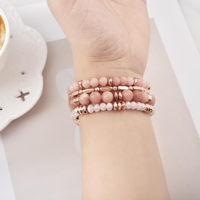 Detalle 2 de V.R.HOPE Perlen Boho Armband für Apple Watch (40/41/42/38 mm) – elastisch mit Kristallbeads, Rosa Zebra
