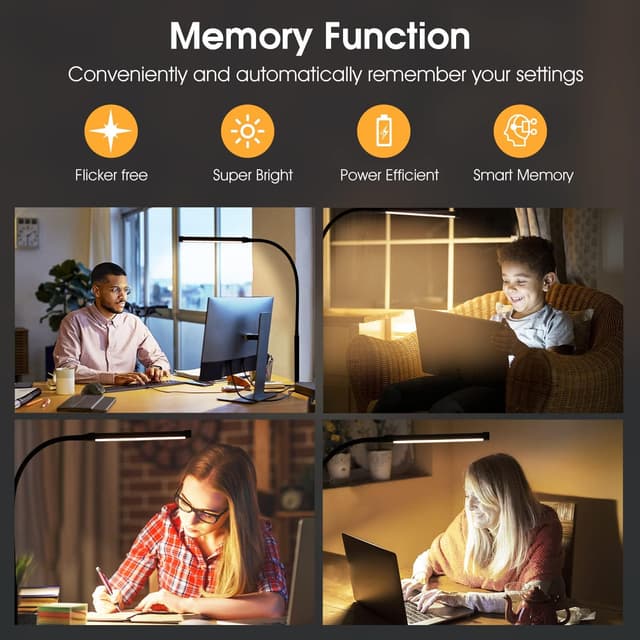 Detalle de Voncerus LED Desk Lamp with Clamp (USB Adapter), 3 Color Modes & 10 Brightness Levels, Flexible Goose-Neck, Black