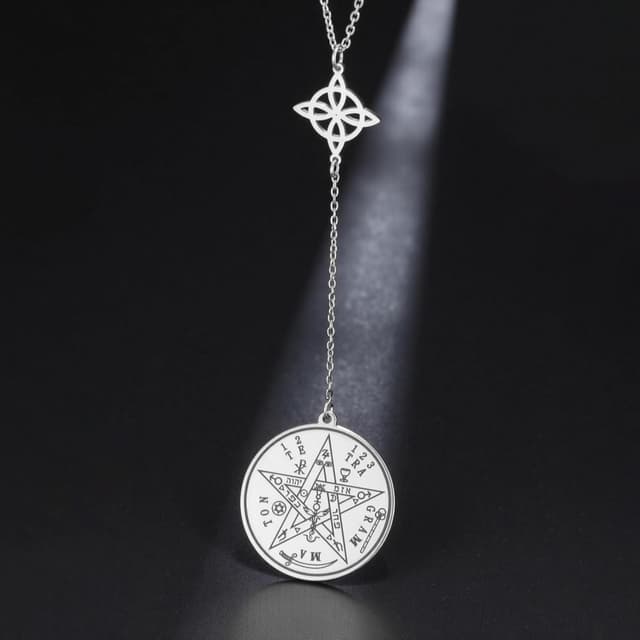 Detalle de VASSAGO Hexenknoten-Halskette aus Edelstahl mit Tetragrammaton & Pentagramm