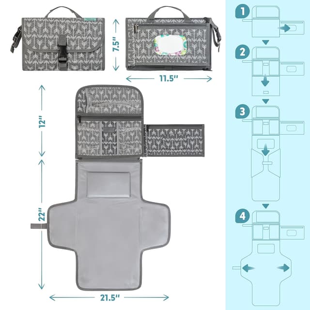 Detalle de Kopi Baby Portable Diaper Changing Pad Travel Station Kit (Grey Arrows) — Changing Mat With Wipes Pocket