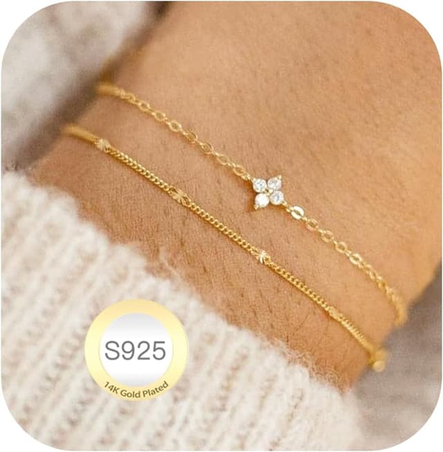 Detalle de Avotto 925 Silber Armband für Damen & Mädchen – hypoallergene gold-layere Optik, verstellbar und stapelbar