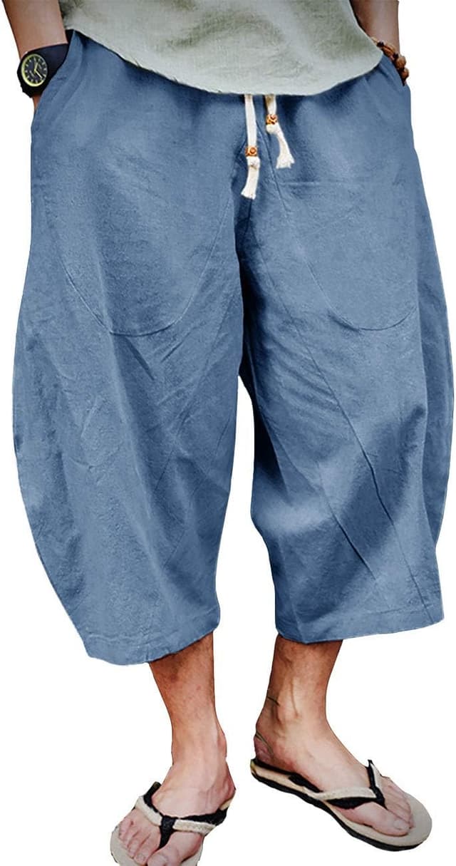 Detalle de EKLENTSON Men's Cotton Linen Capri Pants — Light Loose 3/4 Harem Shorts with Elastic Waist