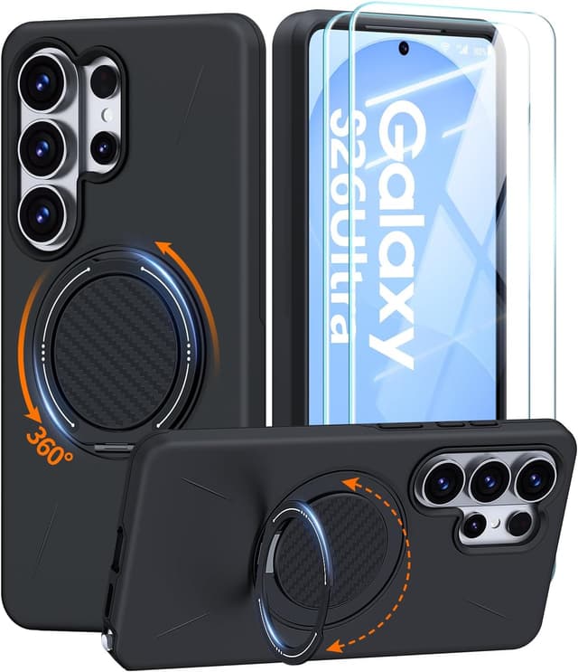 Detalle de AOUIA Samsung S26 Ultra Case (Black) with 2-Pack Screen Protector & 360° Kickstand