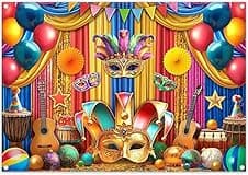 Detalle de Luminora 7x5ft Carnival Masquerade Masks Backdrop (84x60in) with Bunting & Balloons