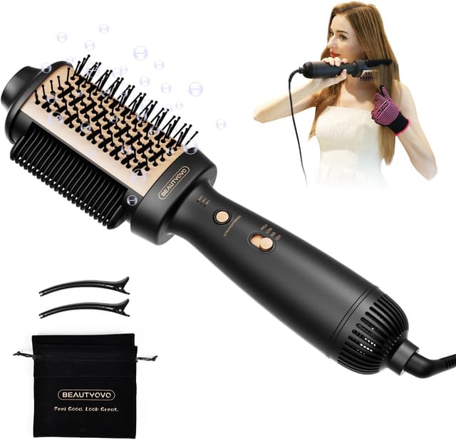 Detalle de BEAUTYOVO 3-in-1 Warmluftbürste (37–200 °C) mit Glättbürste & Ionen, 3 Modi – Schwarz & Champagner