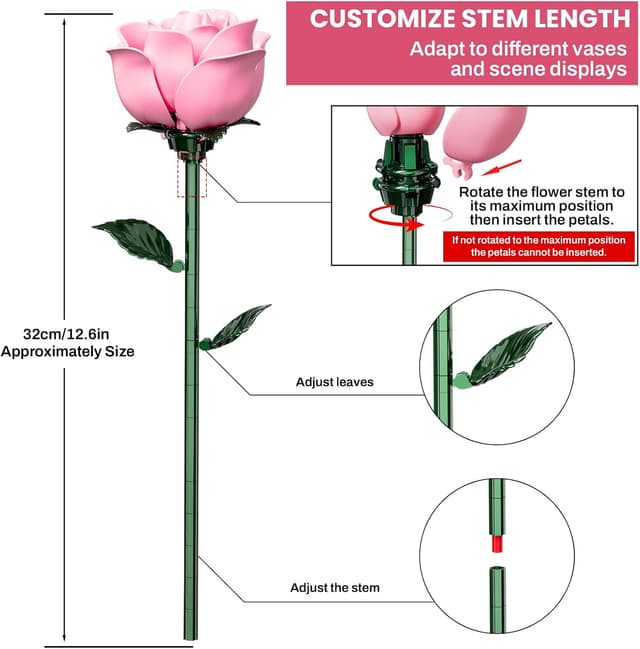 Detalle de XGSHJ Pink Rose Bouquet Building Set (12-Piece Botanical Collection) for Easter Baskets