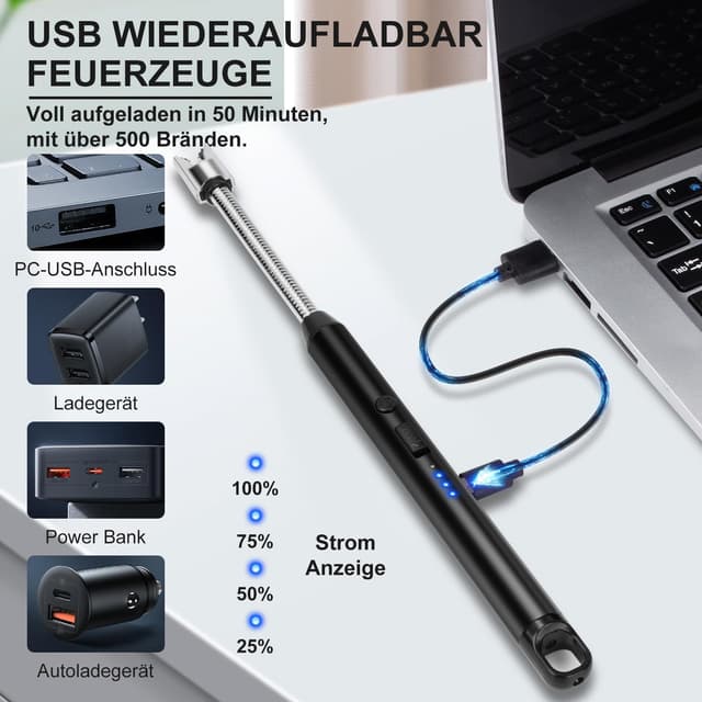 Detalle de lcfun LcFun briquet à arc électrique rechargeable USB Type C à col long (2 modèles noirs)